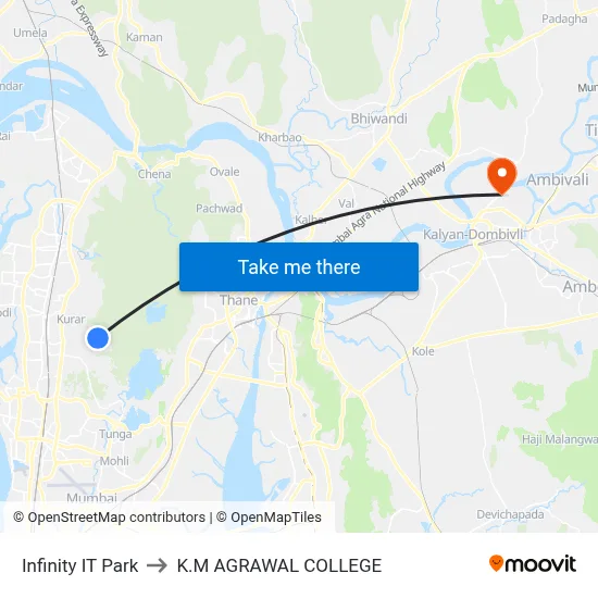 Infinity IT Park to K.M AGRAWAL COLLEGE map
