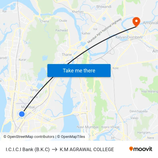 I.C.I.C.I Bank (B.K.C) to K.M AGRAWAL COLLEGE map