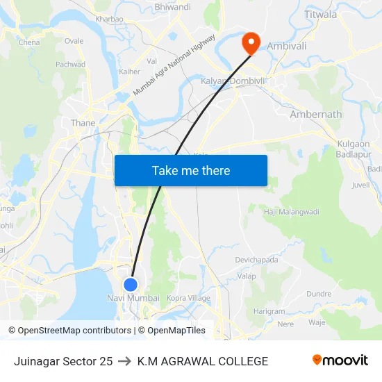 Juinagar Sector 25 to K.M AGRAWAL COLLEGE map