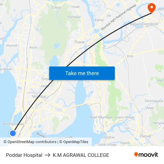 Poddar Hospital to K.M AGRAWAL COLLEGE map