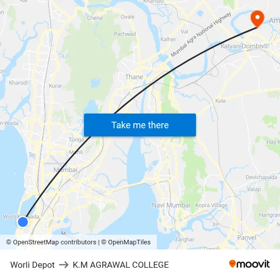 Worli Depot to K.M AGRAWAL COLLEGE map