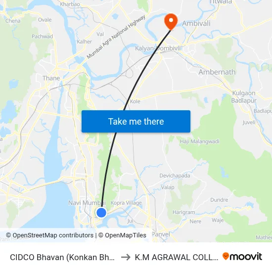 CIDCO Bhavan (Konkan Bhavan) to K.M AGRAWAL COLLEGE map