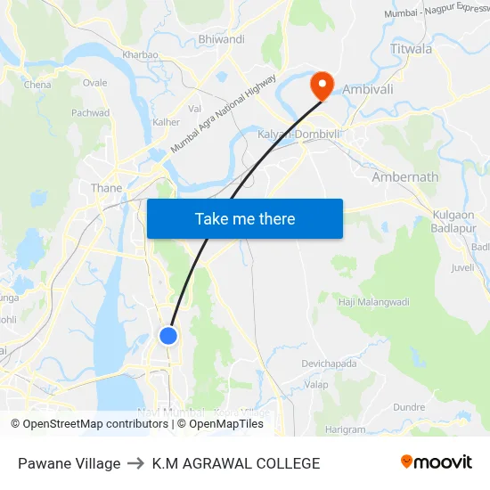 Pawane Village to K.M AGRAWAL COLLEGE map