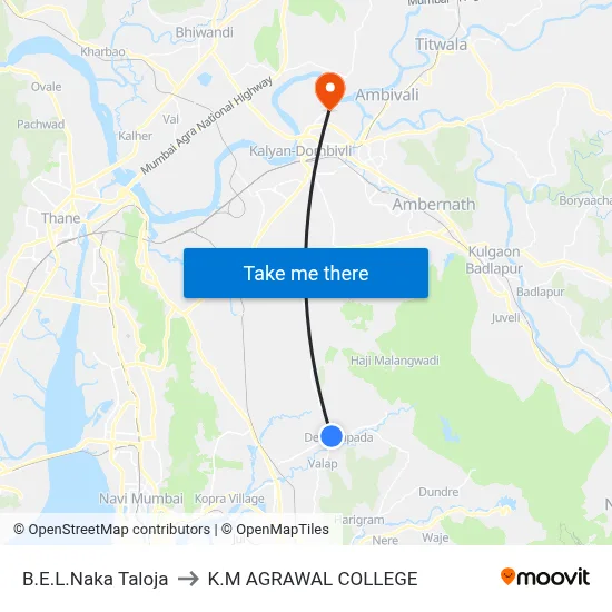 B.E.L.Naka Taloja to K.M AGRAWAL COLLEGE map