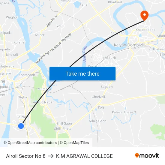 Airoli Sector No.8 to K.M AGRAWAL COLLEGE map