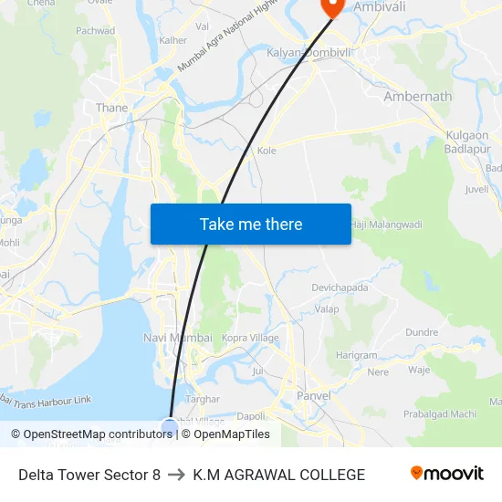 Delta Tower Sector 8 to K.M AGRAWAL COLLEGE map