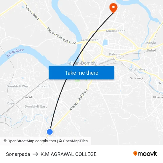Sonarpada to K.M AGRAWAL COLLEGE map