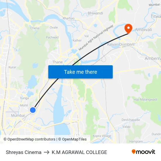 Shreyas Cinema to K.M AGRAWAL COLLEGE map