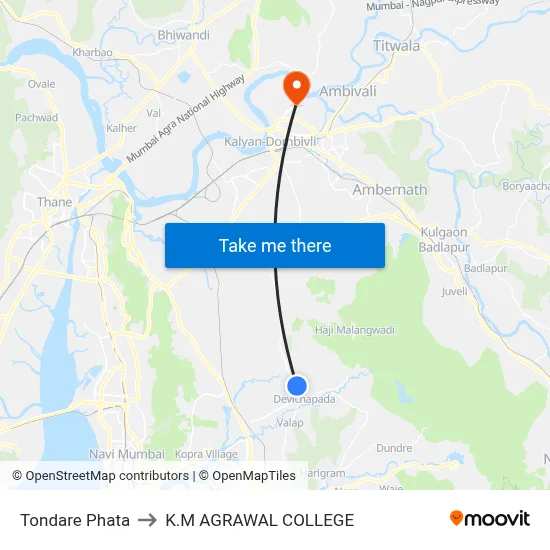 Tondare Phata to K.M AGRAWAL COLLEGE map