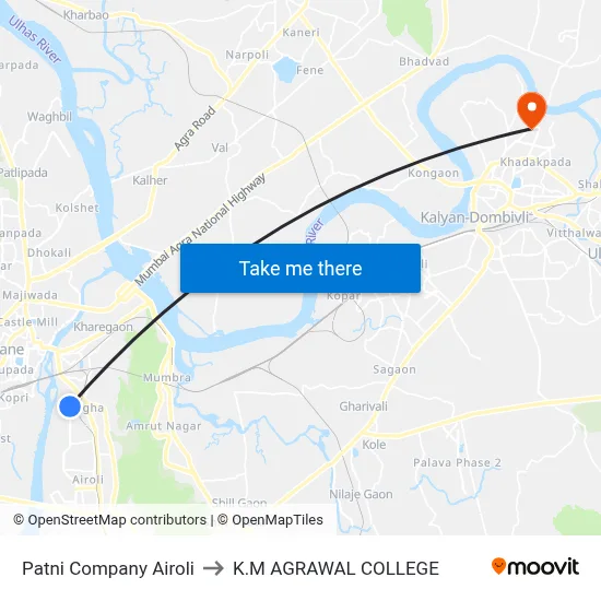 Patni Company Airoli to K.M AGRAWAL COLLEGE map