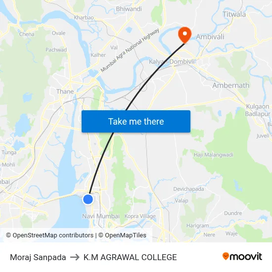 Moraj Sanpada to K.M AGRAWAL COLLEGE map