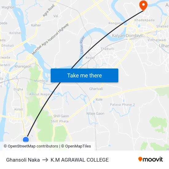 Ghansoli Naka to K.M AGRAWAL COLLEGE map