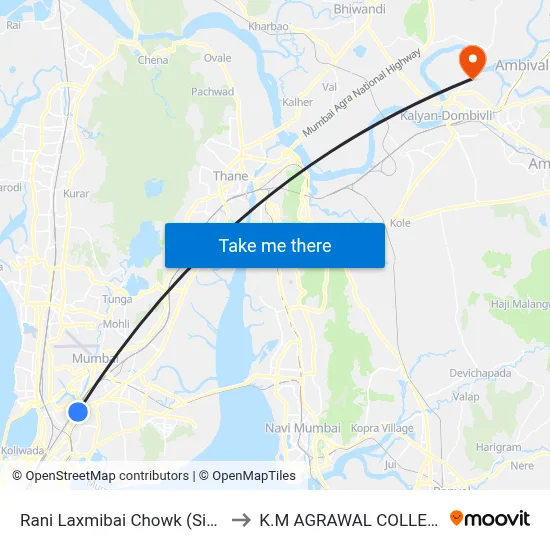 Rani Laxmibai Chowk (Sion) to K.M AGRAWAL COLLEGE map
