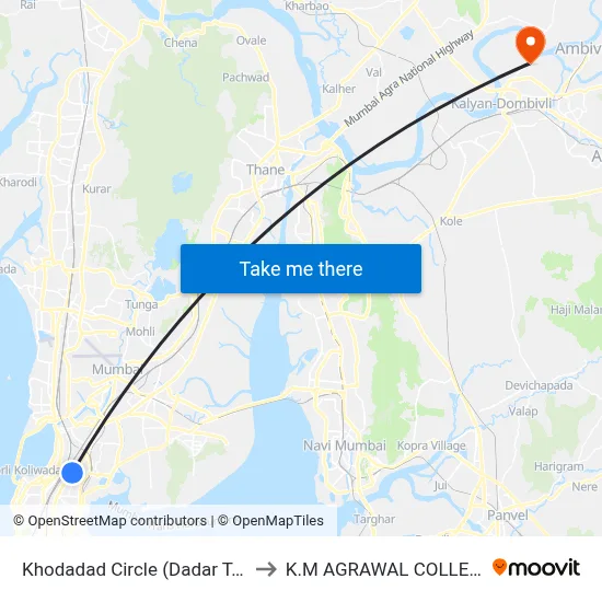 Khodadad Circle (Dadar T.T.) to K.M AGRAWAL COLLEGE map