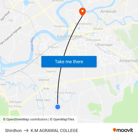 Shirdhon to K.M AGRAWAL COLLEGE map