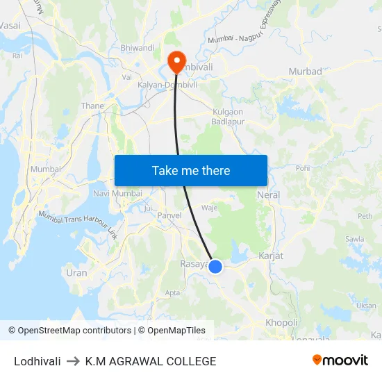 Lodhivali to K.M AGRAWAL COLLEGE map