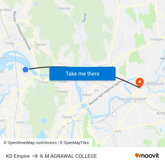 KD Empire to K.M AGRAWAL COLLEGE map