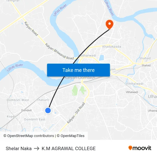 Shelar Naka to K.M AGRAWAL COLLEGE map