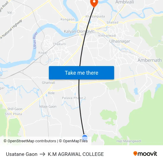 Usatane Gaon to K.M AGRAWAL COLLEGE map