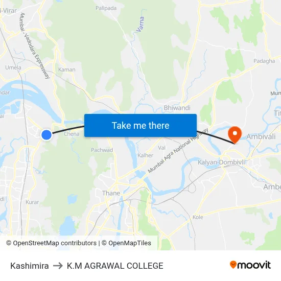 Kashimira to K.M AGRAWAL COLLEGE map