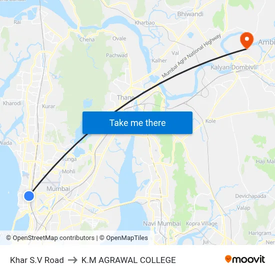 Khar S.V Road to K.M AGRAWAL COLLEGE map