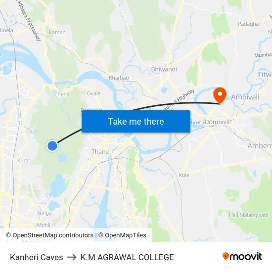 Kanheri Caves to K.M AGRAWAL COLLEGE map