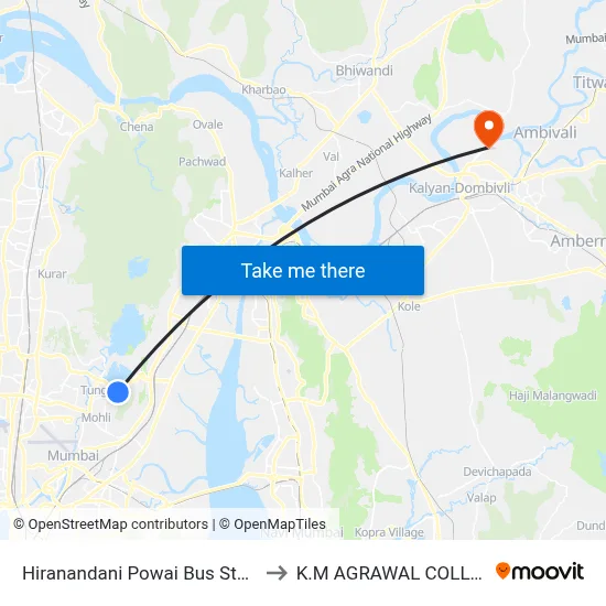 Hiranandani Powai Bus Station to K.M AGRAWAL COLLEGE map