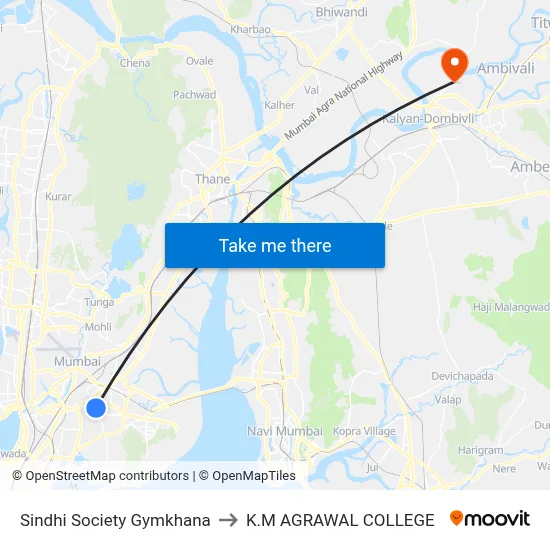 Sindhi Society Gymkhana to K.M AGRAWAL COLLEGE map