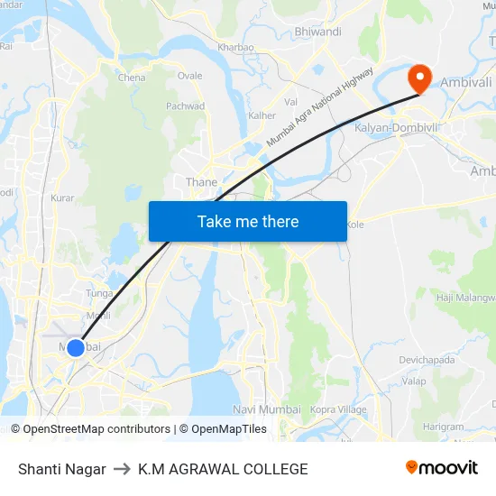 Shanti Nagar to K.M AGRAWAL COLLEGE map