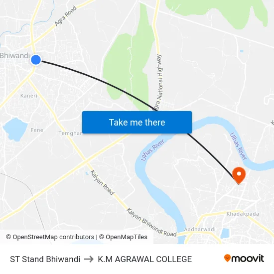 ST Stand Bhiwandi to K.M AGRAWAL COLLEGE map