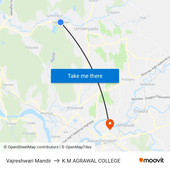 Vajreshwari Mandir to K.M AGRAWAL COLLEGE map