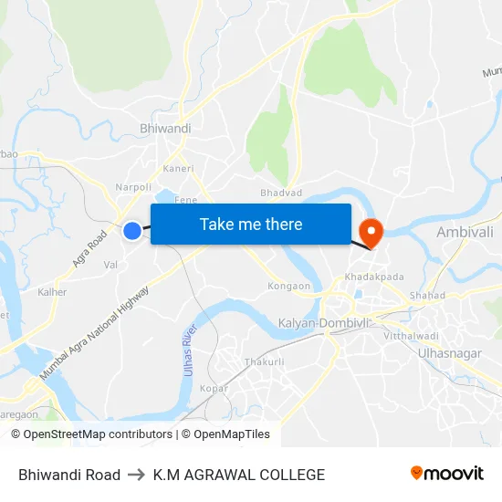 Bhiwandi Road to K.M AGRAWAL COLLEGE map