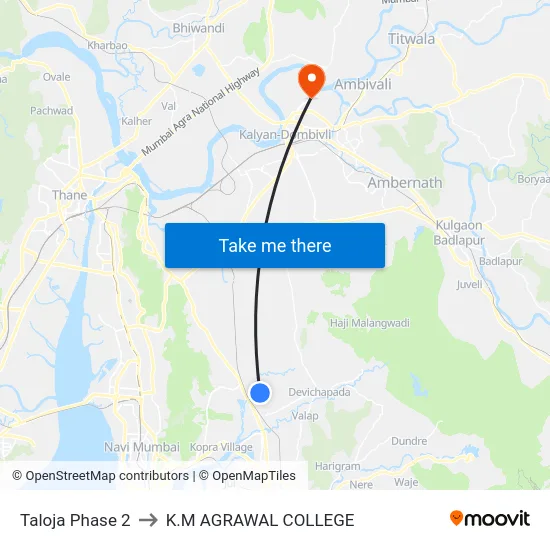 Taloja Phase 2 to K.M AGRAWAL COLLEGE map