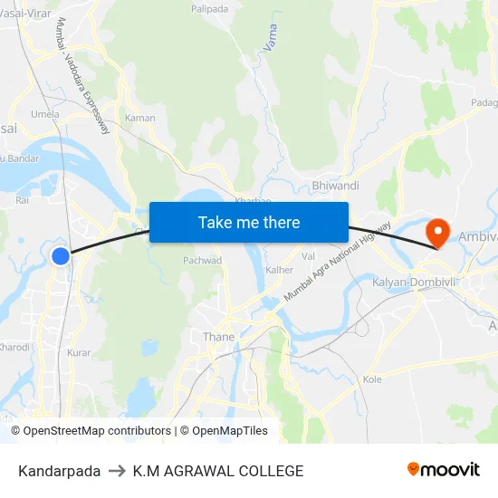 Kandarpada to K.M AGRAWAL COLLEGE map
