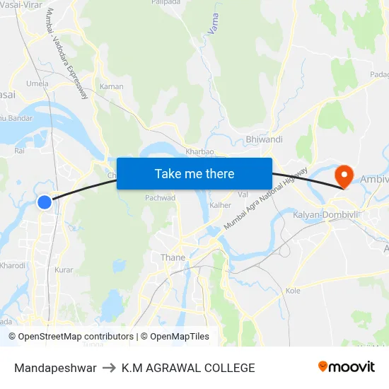 Mandapeshwar to K.M AGRAWAL COLLEGE map