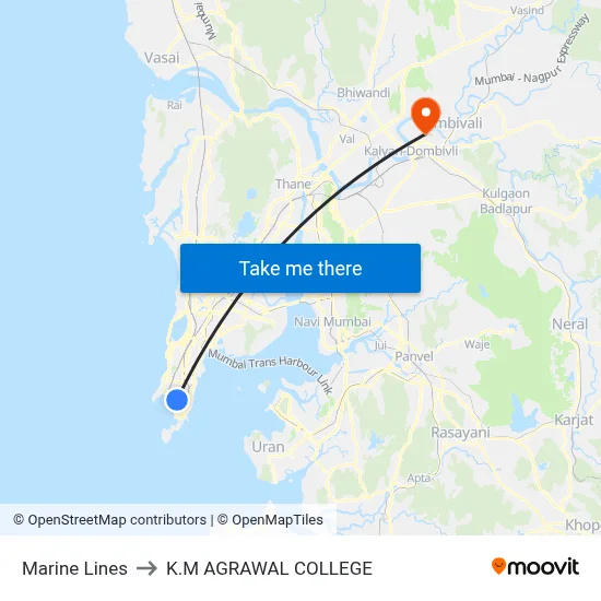 Marine Lines to K.M AGRAWAL COLLEGE map