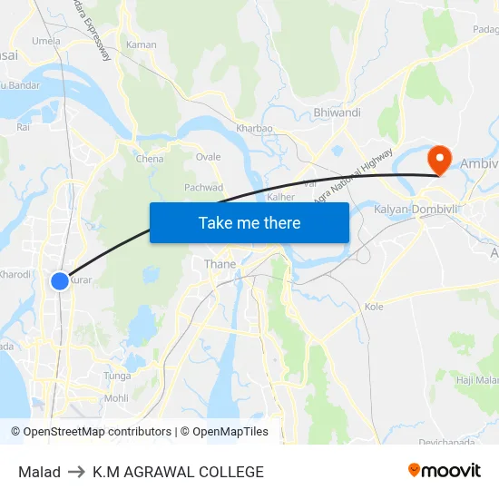 Malad to K.M AGRAWAL COLLEGE map