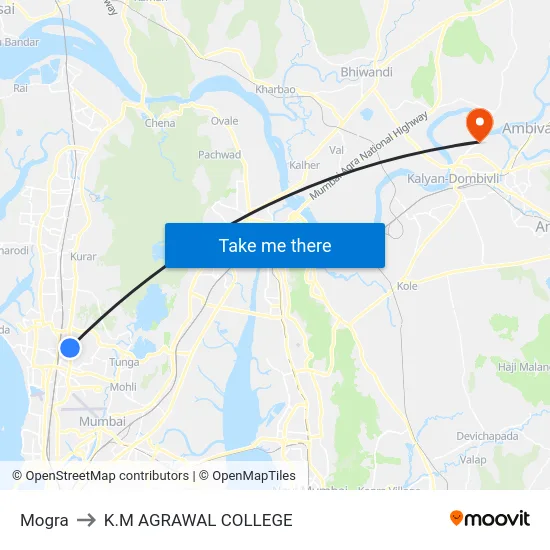 Mogra to K.M AGRAWAL COLLEGE map