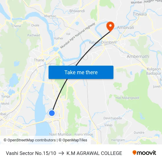 Vashi Sector No.15/10 to K.M AGRAWAL COLLEGE map