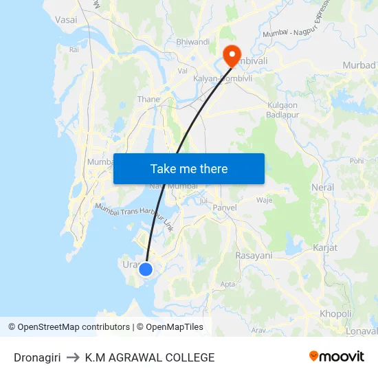 Dronagiri to K.M AGRAWAL COLLEGE map