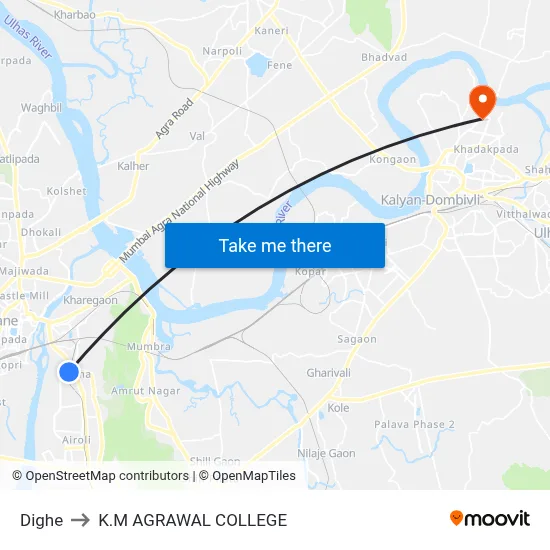 Dighe to K.M AGRAWAL COLLEGE map