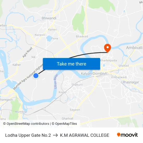 Lodha Upper Gate No.2 to K.M AGRAWAL COLLEGE map