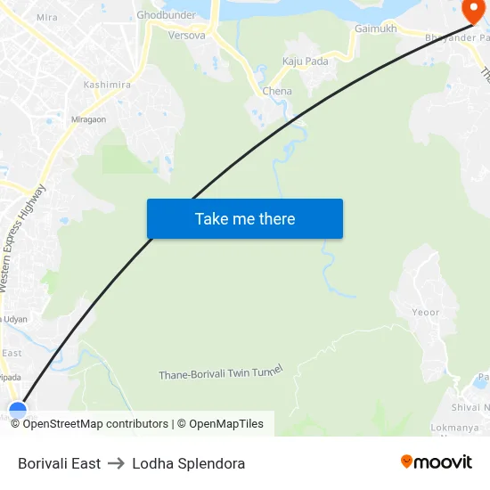 Borivali East to Lodha Splendora map