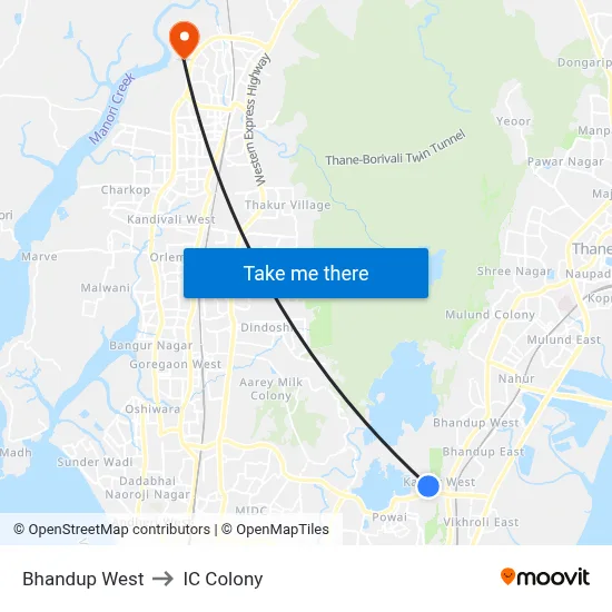 Bhandup West to IC Colony map