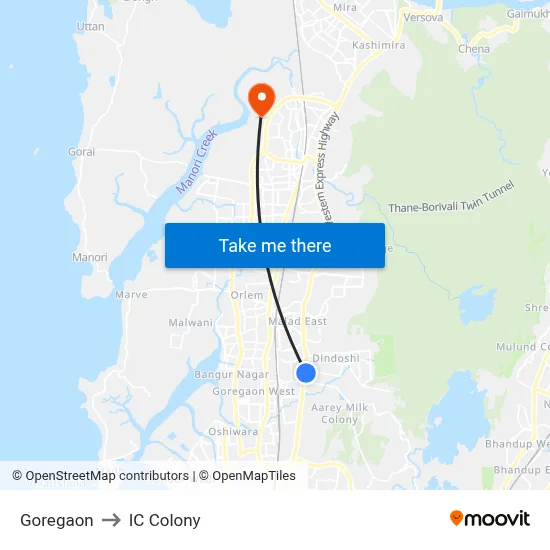 Goregaon to IC Colony map