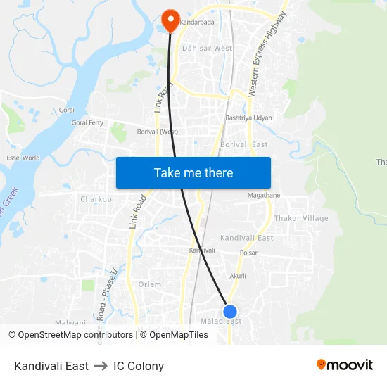 Kandivali East to IC Colony map