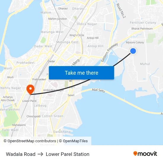 Wadala Road to Lower Parel Station map
