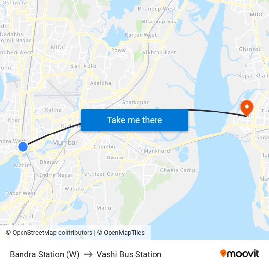 Bandra Station (W) to Vashi Bus Station map