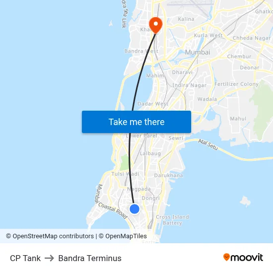 CP Tank to Bandra Terminus map