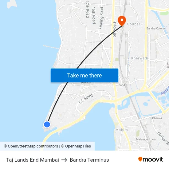 Taj Lands End Mumbai to Bandra Terminus map